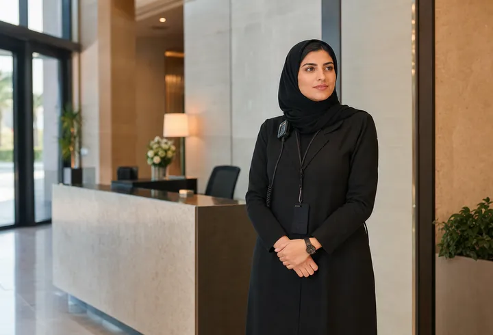 حارسة أمن سعودية في مدخل منشأة مهنية